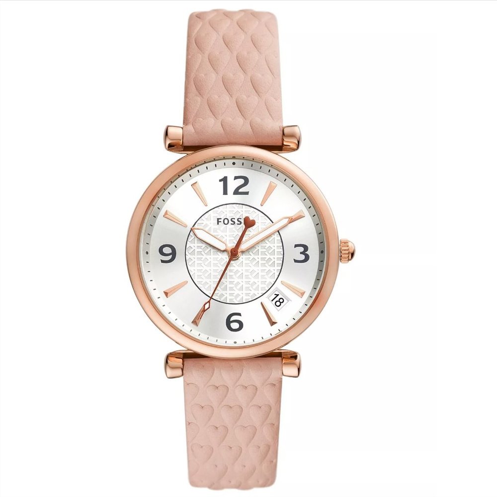 FOSSIL Women's Carlie Three-Hand Date Pink Leather Strap Watch, 35mm